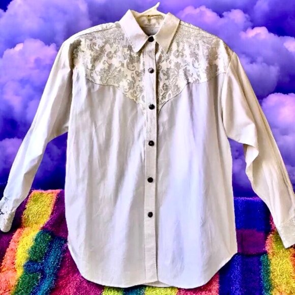 Longhorn Western Shirt Womens Medium White Button Up Long Sleeve Pretty - Picture 3 of 15